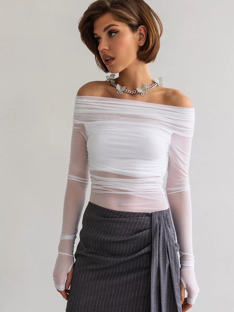 European And American Style Solid Color Slim-fit Fashionable Off-neck Mesh Long-sleeved Top