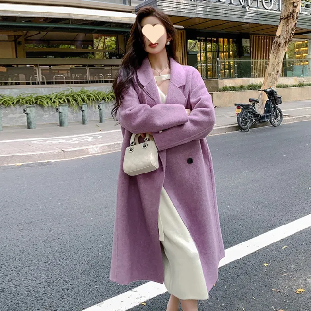 Pink Double faced Woolen Goods Cashmere Trench Coat Women's Mid length Purple - Shop at LoveMi