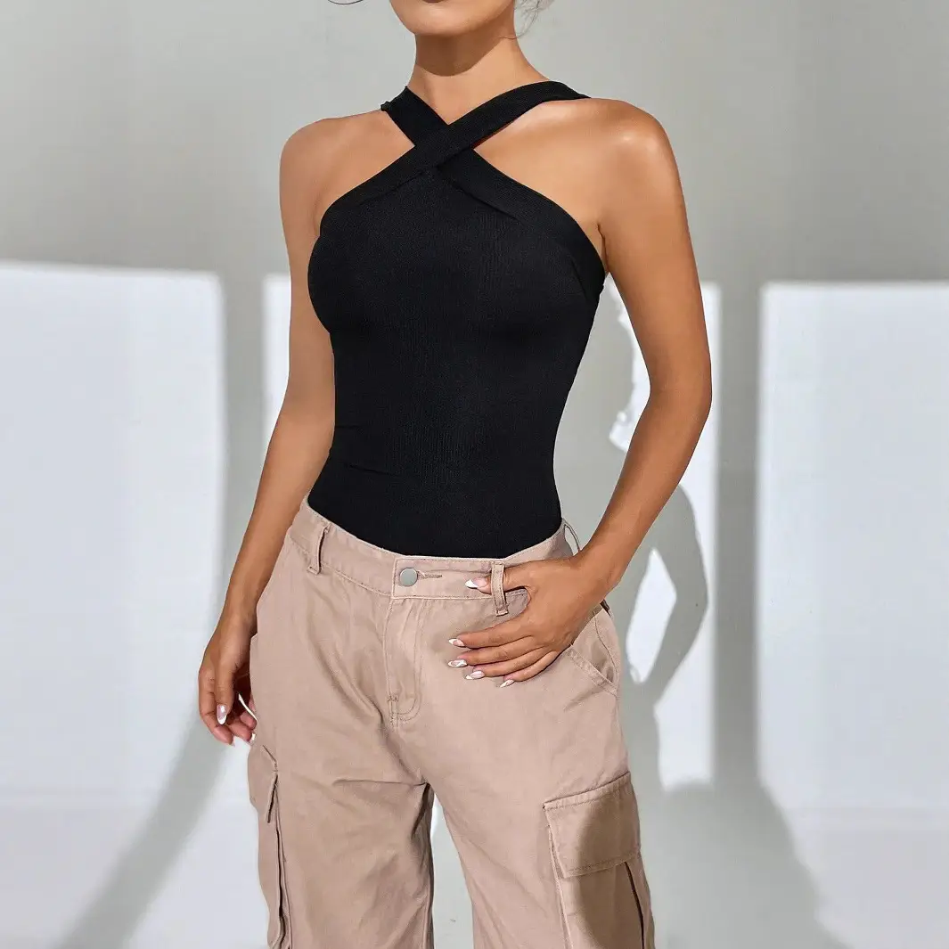Hot Girl New Women's Plain Knitted Sleeveless Halter Jumpsuit
