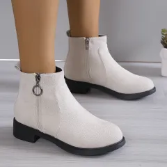 Square Heel Suede Round Buckle Side Zipper Short Tube Female Plus Size - White - View 1