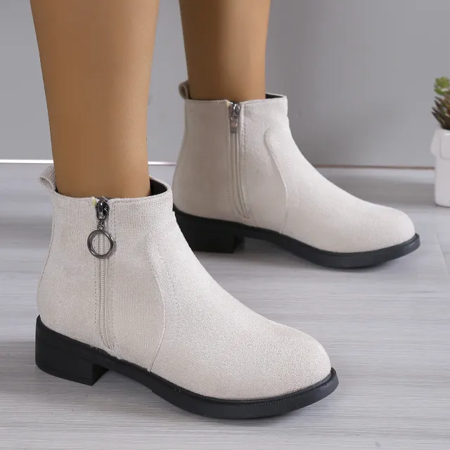 Square Heel Suede Round Buckle Side Zipper Short Tube Female Plus Size White - Shop at LoveMi
