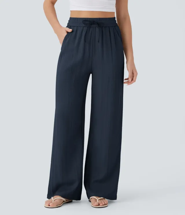 Women's Solid Color Casual Wide Leg Loose Drawstring Trousers Navy Blue - Shop at LoveMi