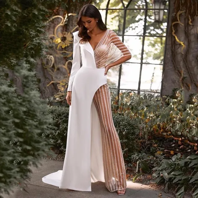 Women's V neck Patchwork Lace Irregular Solid Color Jumpsuit White - Shop at LoveMi