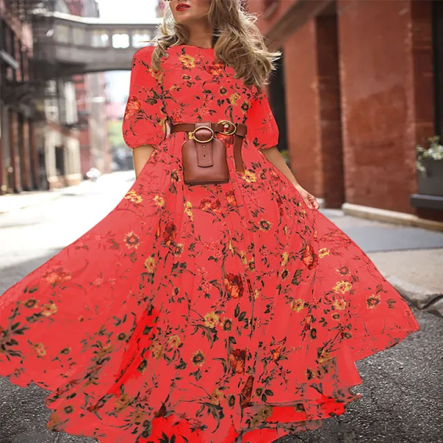 Printed Large Swing Elegant Chiffon Floral Slim fitting Dress Red - Shop at LoveMi