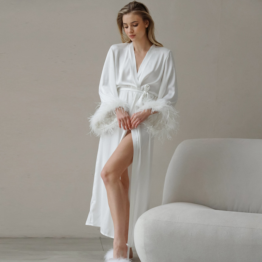 Textured Satin Feather Long-sleeve Nightgown Bathrobe Loungewear