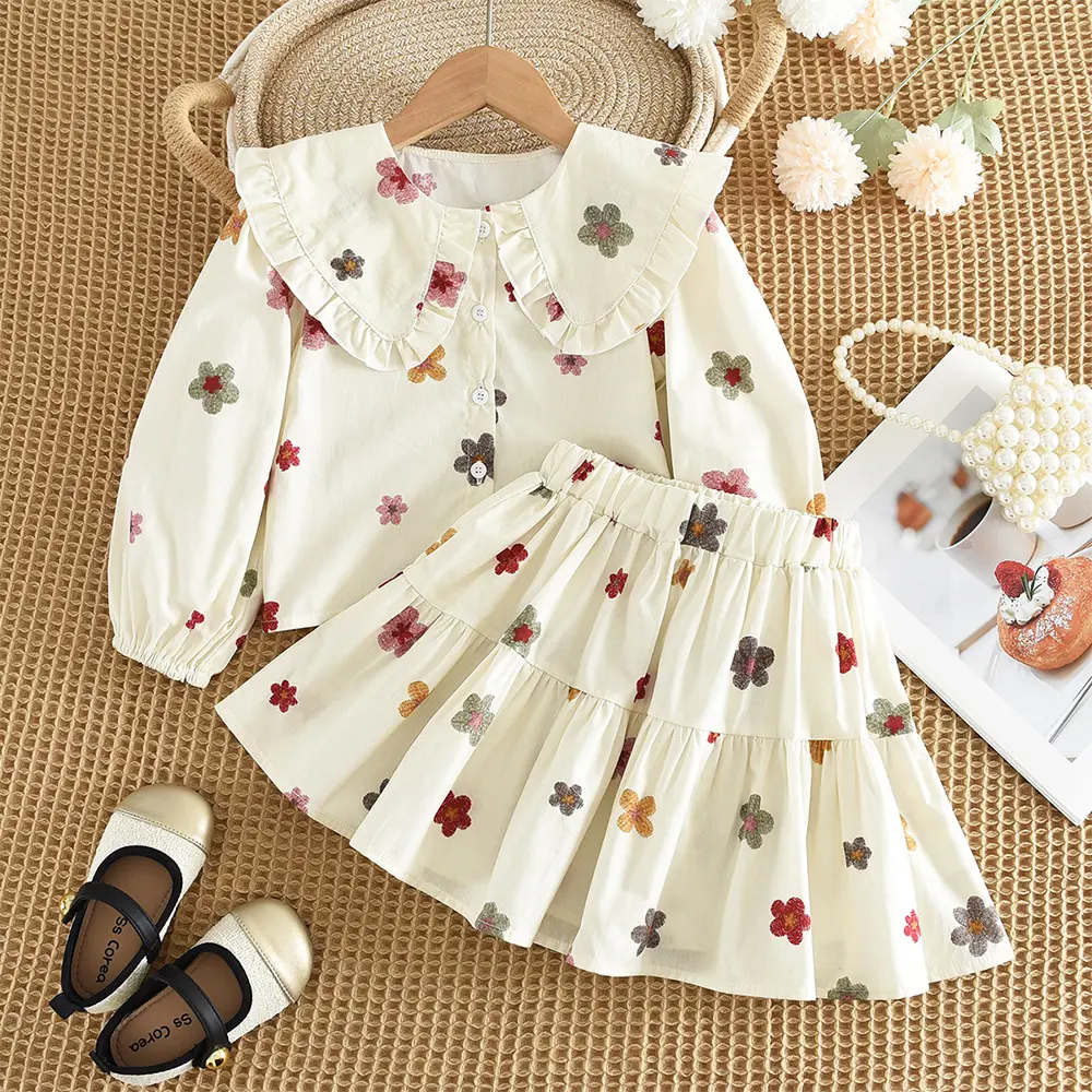Printed Long-sleeve Doll Shirt And Skirt Set