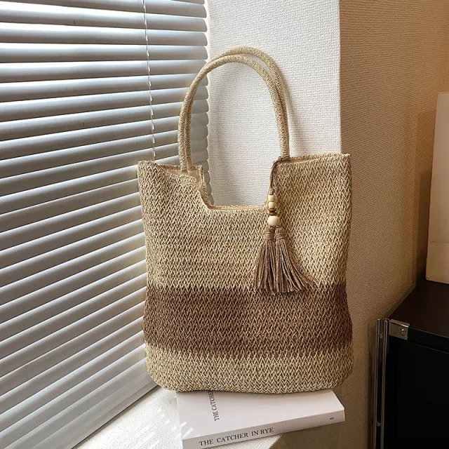 Women's Fashion Simple Tassel Decoration Shoulder Woven Bag Beige - Shop at LoveMi