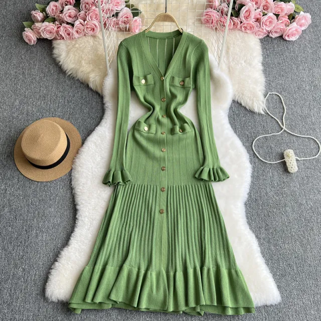 V neck Metal Buckle Slim Fit Slimming Flounce Knitted Dress Green - Shop at LoveMi