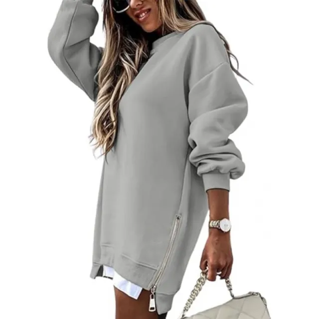 Fall Winter Fashion Stitching Side Zipper Design Pullover Sweater For Women Gray - Shop at LoveMi