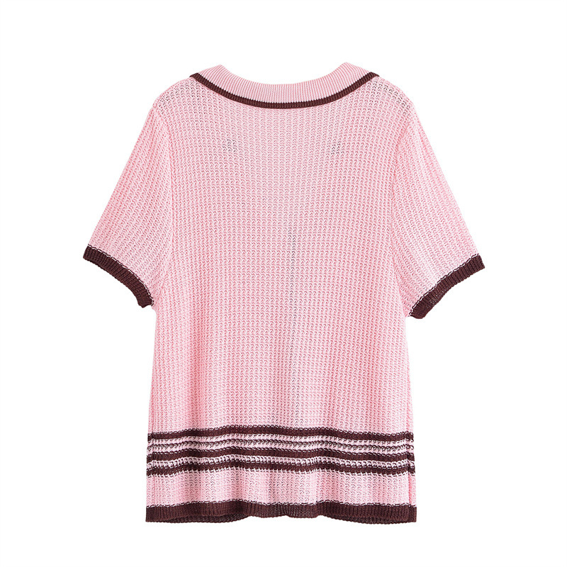 Knitted Shirt Short Sleeve Striped High Waist Shorts Suit