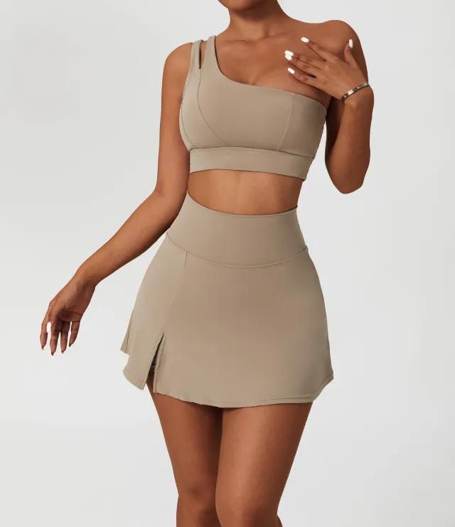 Oblique Shoulder Bra Yoga Suit Quick drying Fitness Running Sports Suit Oat Milk - Shop at LoveMi
