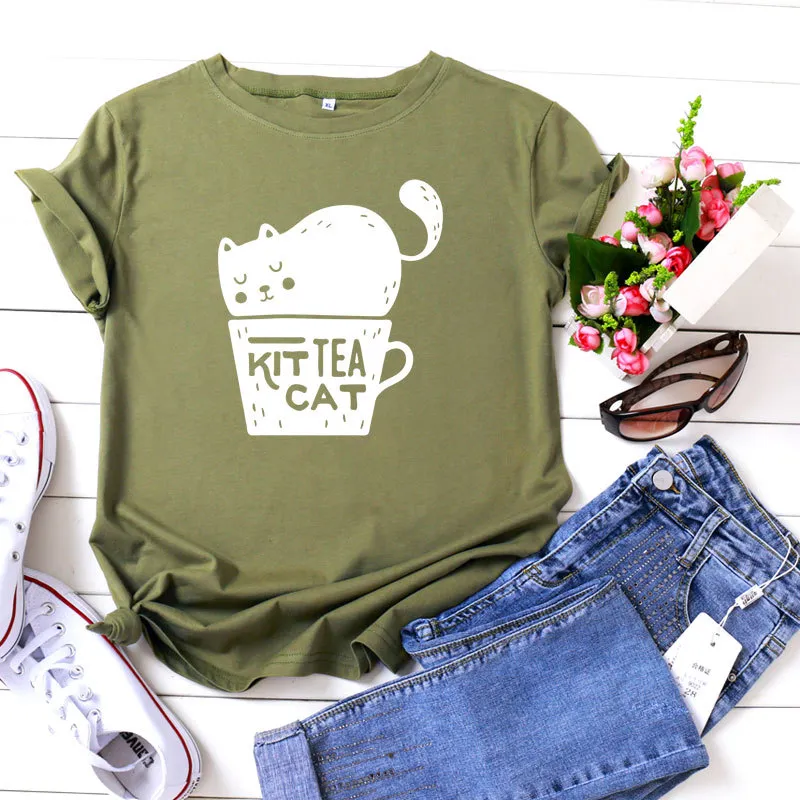 Casual KIT TEA CAT Printed Round Neck Plus Size Short Sleeve - Army Green White