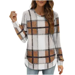 Women's Casual Loose Plaid Long Sleeve Round Neck Irregular Bottoming Shirt Top - Brown - View 1