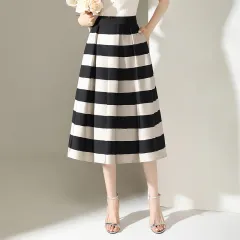 Striped Minimalist Stitching Fashion Pleated A- Line Skirt - Black Long - View 1