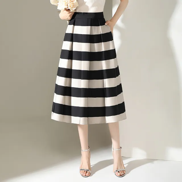 Striped Minimalist Stitching Fashion Pleated A Line Skirt Black Long - Shop at LoveMi