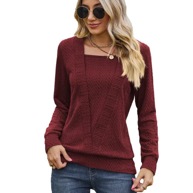 Square Collar Cross Loose Long sleeved T shirt Top For Women Red - Shop at LoveMi