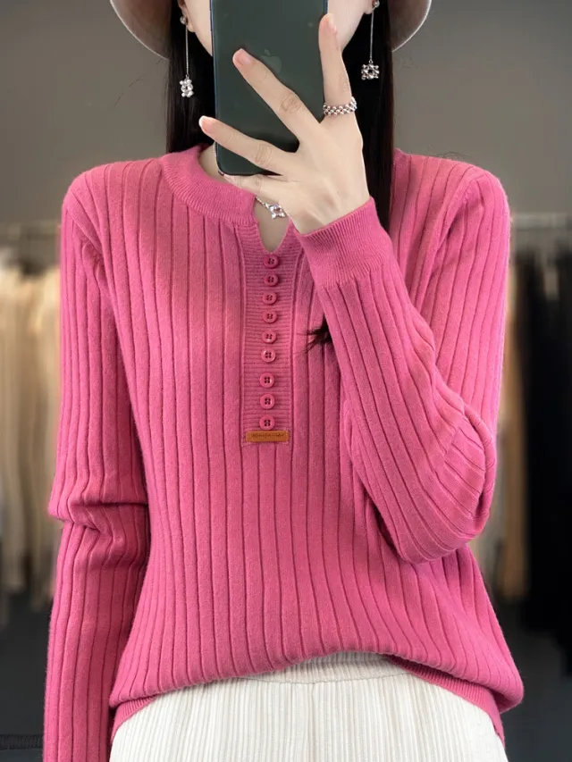 Long Sleeve Round V neck Sweater Solid Color Raspberry Red - Shop at LoveMi