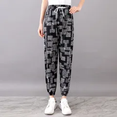 Women's Plus-sized Ice Silk Elastic Pants Cropped Straight - Ice Silk Gold Silver Grid - View 1