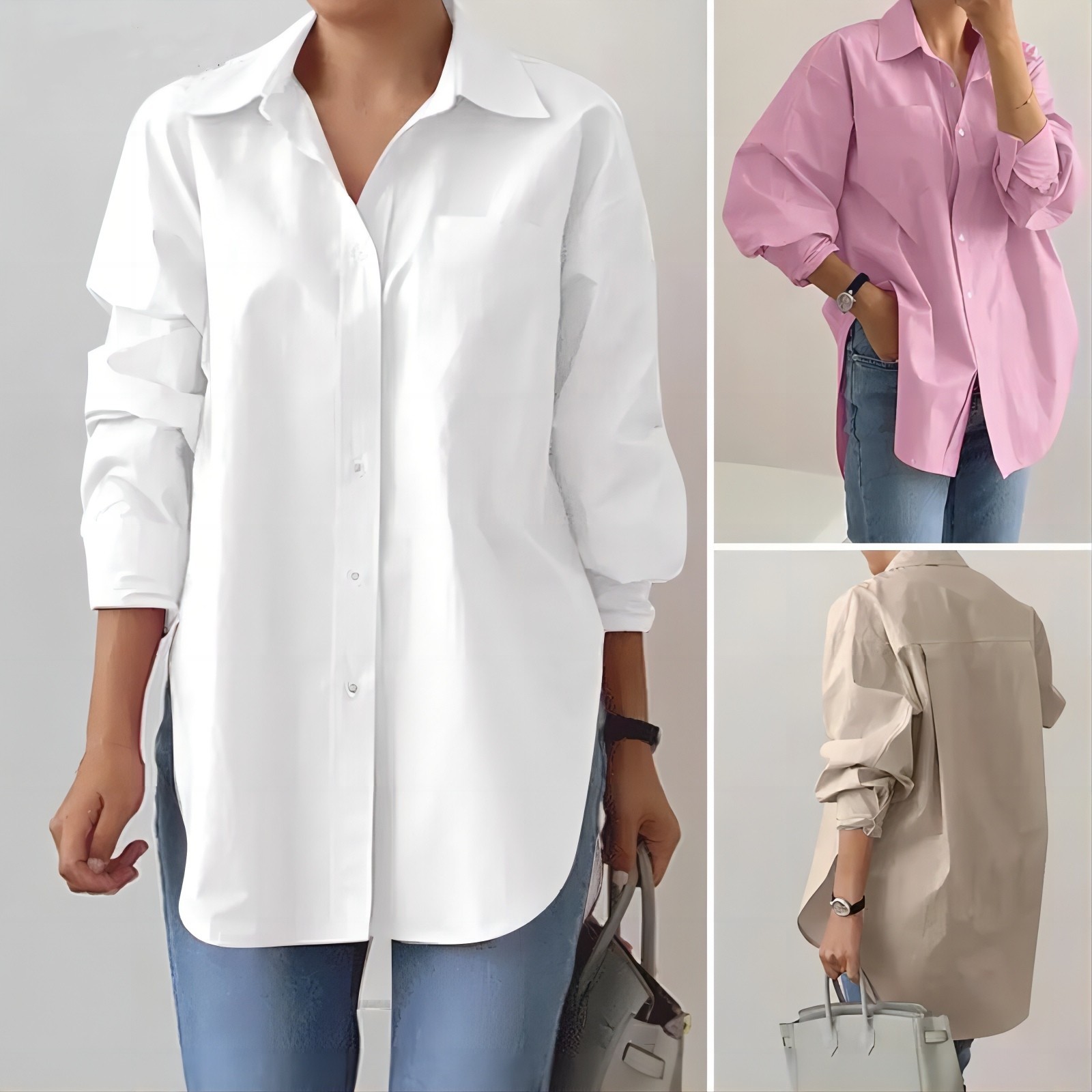 Solid-color Split-neck Long-sleeve Shirt