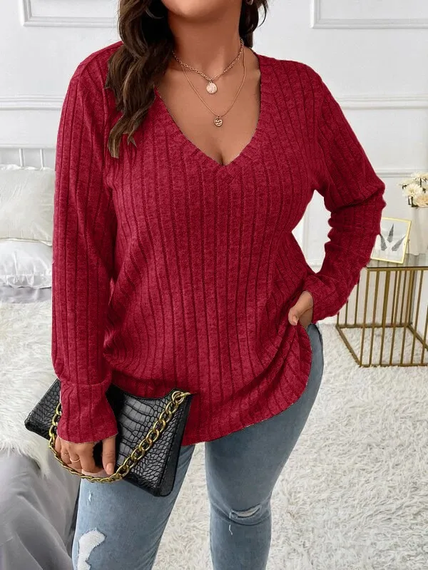 Top V neck Long Sleeve Sunken Stripe Brushed Loose Pullover Wine Red - Shop at LoveMi