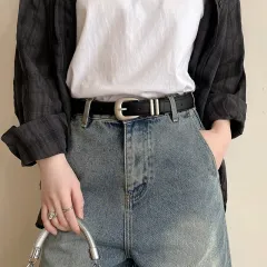 Minimalist Silver Buckle Crescent Thin Belt - Black - View 1