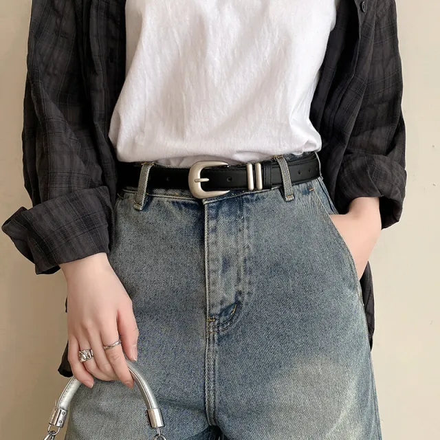 Minimalist Silver Buckle Crescent Thin Belt Black - Shop at LoveMi
