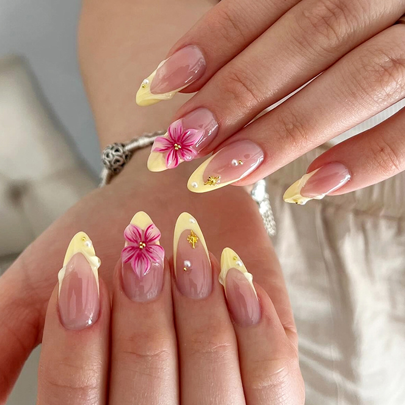 Nude-toned French-style 3D Floral Nail Tips In The Instagram Style
