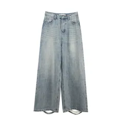 Straight Ripped Jeans Lazy And Versatile - Light Blue - View 1