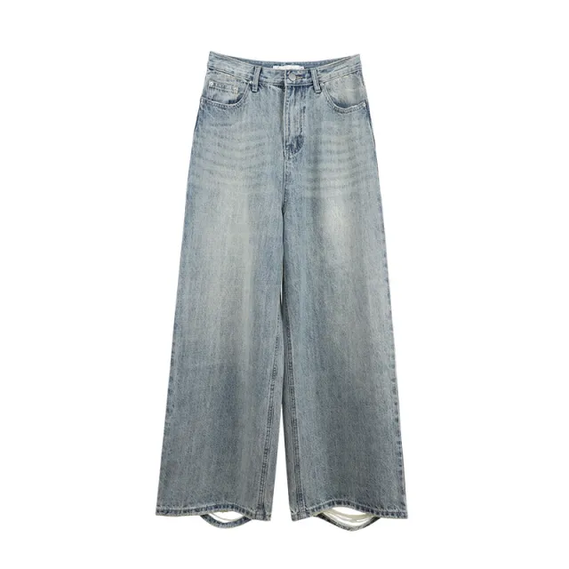 Straight Ripped Jeans Lazy And Versatile Light Blue - Shop at LoveMi
