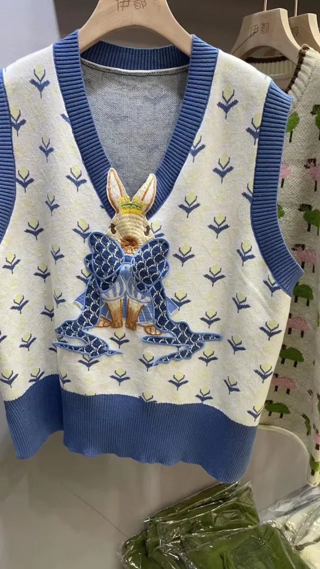 Embroidered Knitted Vest Cartoon Rabbit - Shop at LoveMi