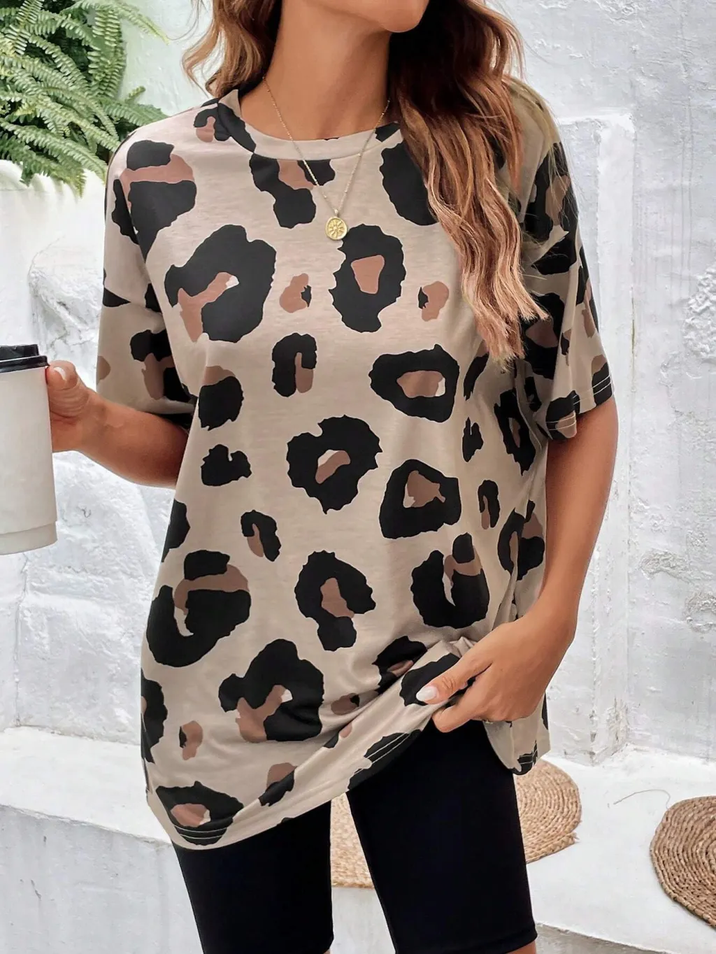 Leopard Print Plus Size Women's 3D Round Neck T-shirt - 3E5Z4Ft