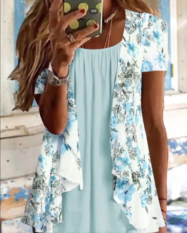 Round Neck Floral Casual Style Tunic Top Cyan - Shop at LoveMi