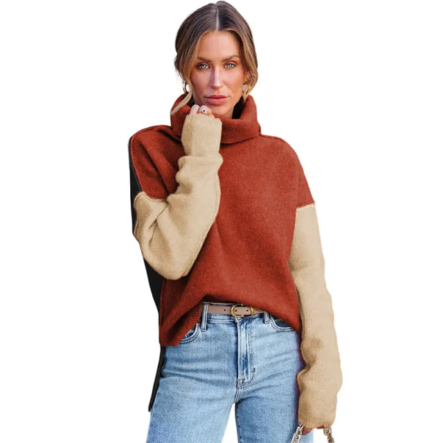 Color Matching Pullover Turtleneck Sweater Women's Long Sleeve Lc2723195 Brown - Shop at LoveMi
