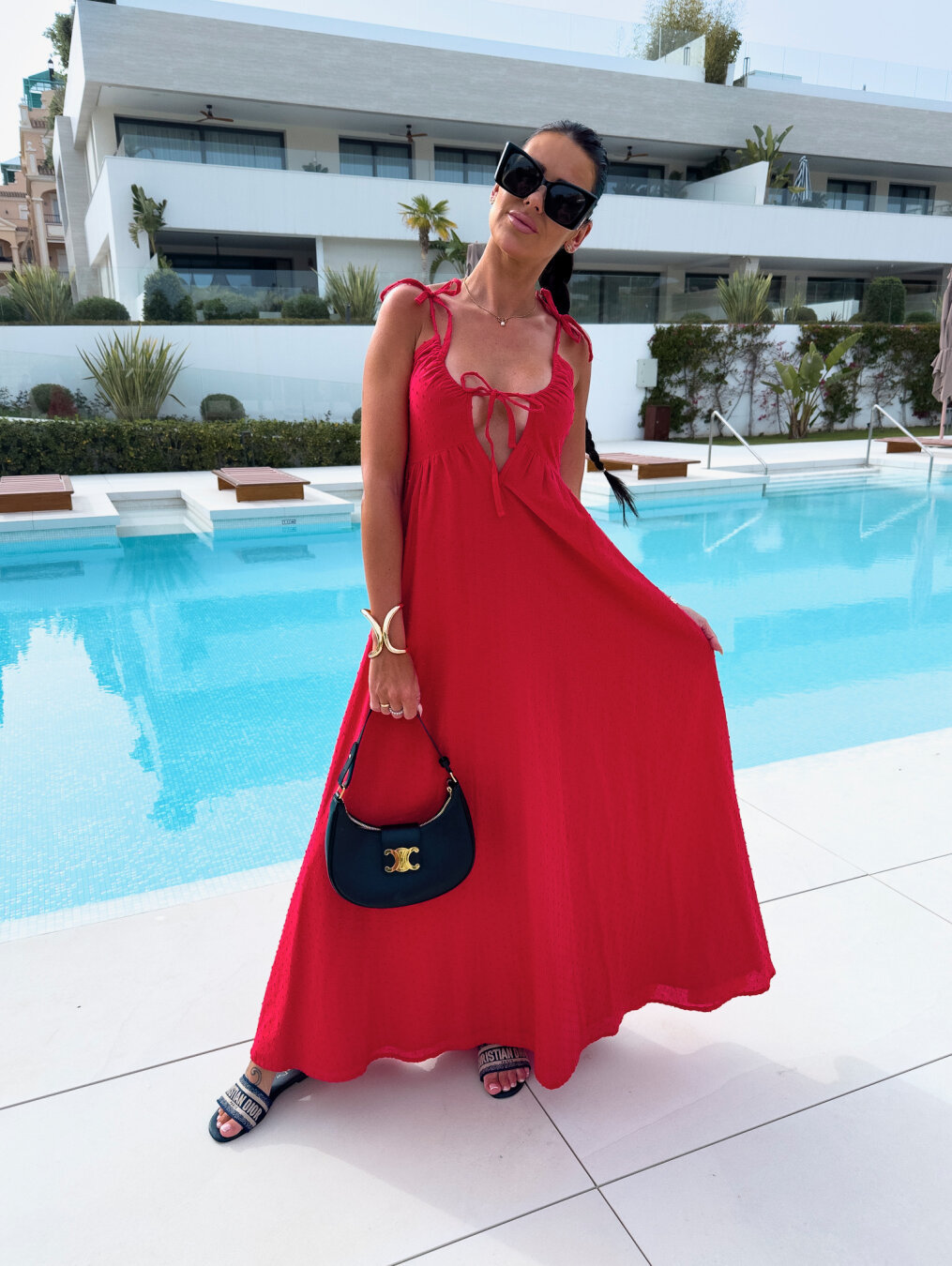 solid color jacquard deep v sling dress front view