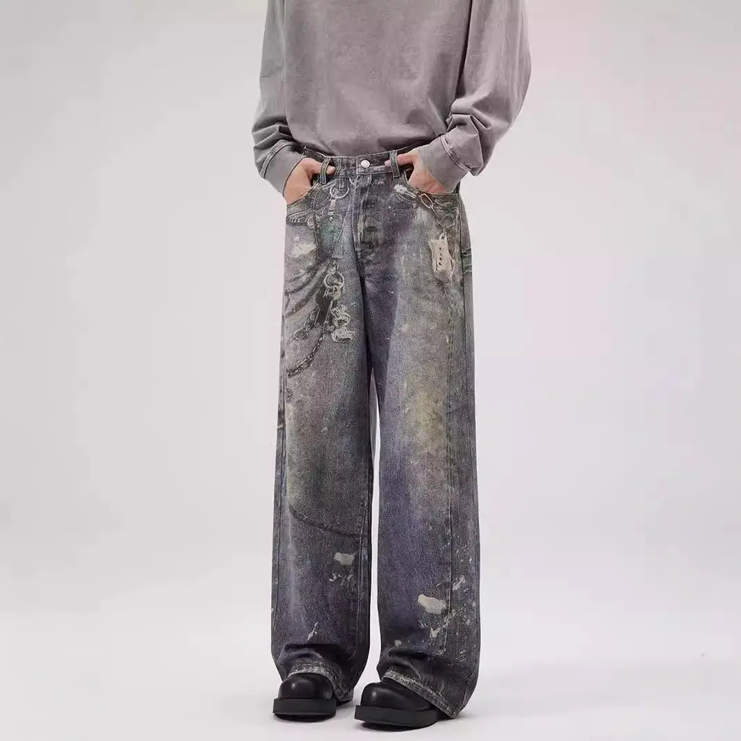 Printed Jeans Men's Loose Straight Personality All-match