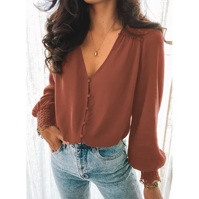 Solid Color Lace V neck Single breasted Shirt For Women Brown - Shop at LoveMi