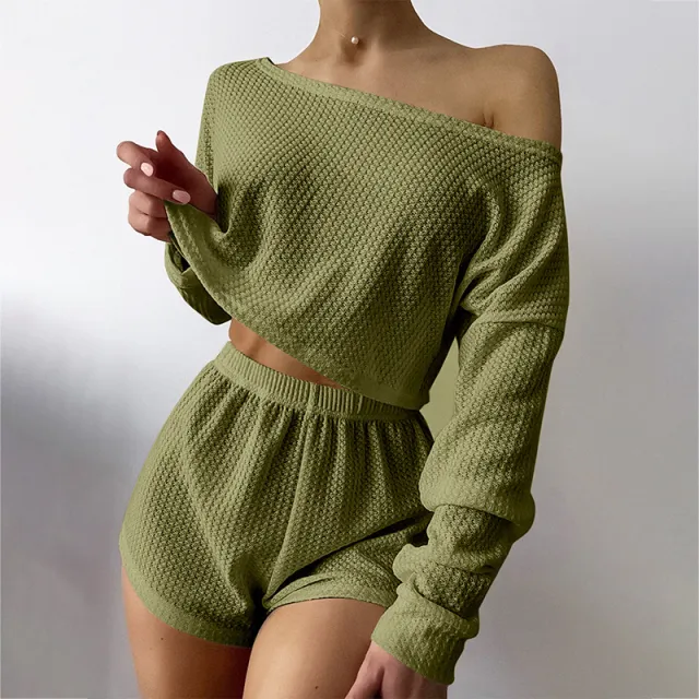 Pajamas Off shoulder Top Shorts Breathable Waffle Casual Homewear Suit Olive - Shop at LoveMi