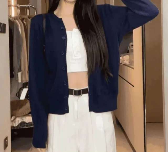 College Style Knitted Cardigan Thin Wool Sweater Navy Blue - Shop at LoveMi