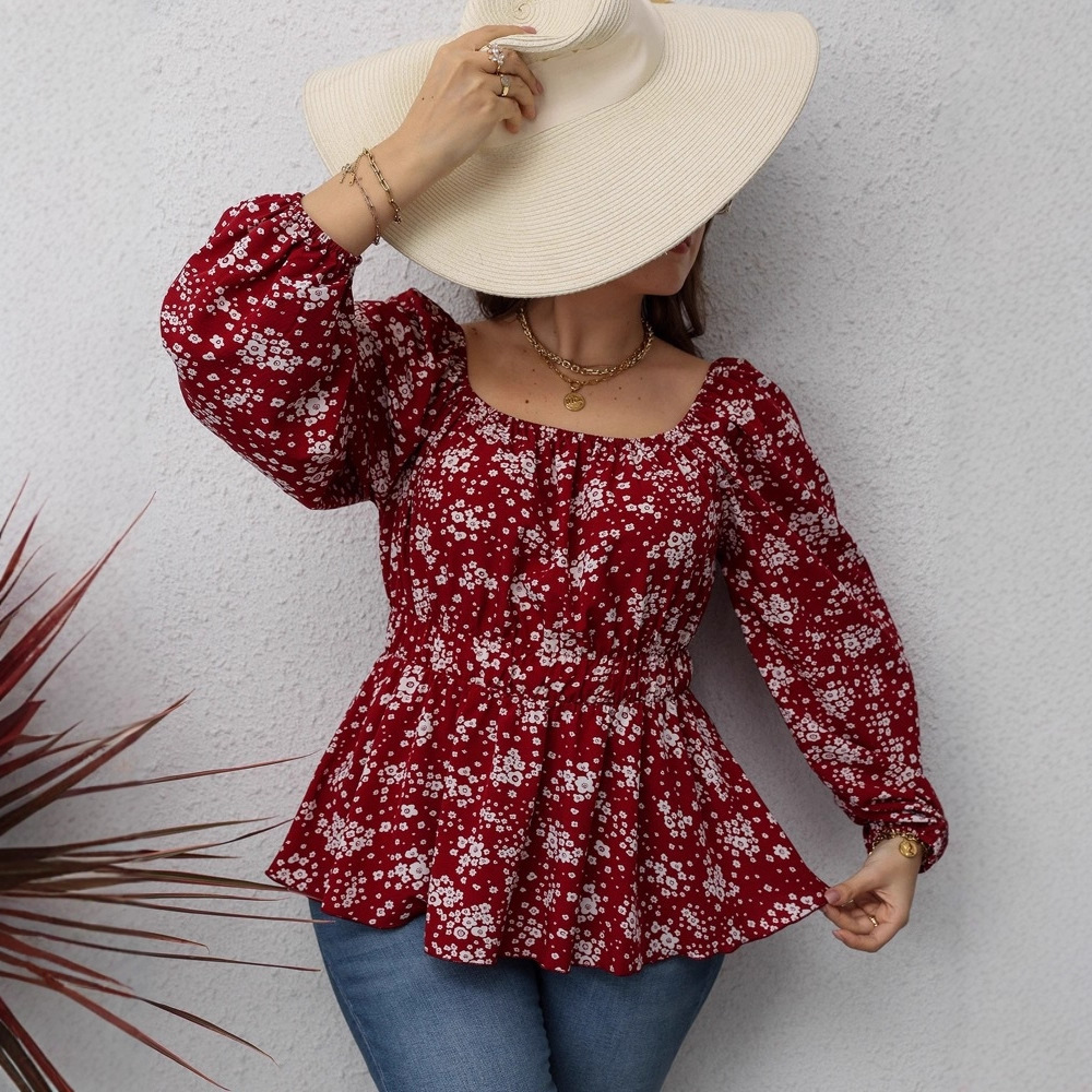 Fashion Waist-controlled Square Collar Printed Floral Print Long Sleeve Shirt