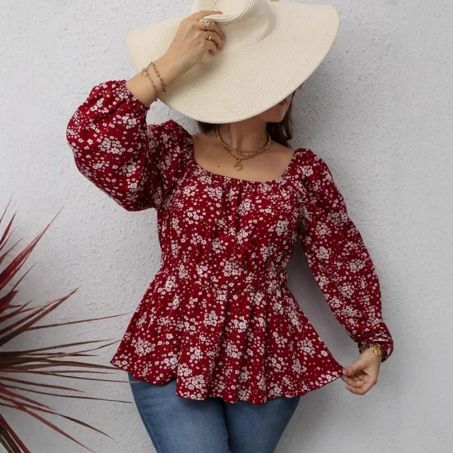 Fashion Waist controlled Square Collar Printed Floral Print Long Sleeve Shirt Floral - Shop at LoveMi