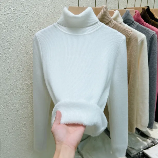 Fleece lined Thickened Autumn And Winter Turtleneck Sweater Slim Fit Warm White - Shop at LoveMi