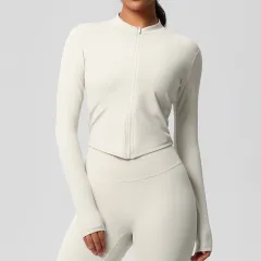 Women's Sports Tight Long Sleeve Yoga Wear Top - Ivory - View 1