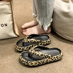 Herringbone Slippers Women Wear Summer Clip Toe Thick Sole Leopard Print - Leopard - View 1