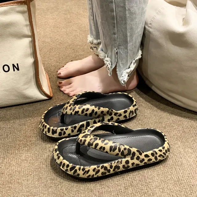 Herringbone Slippers Women Wear Summer Clip Toe Thick Sole Leopard Print Leopard - Shop at LoveMi