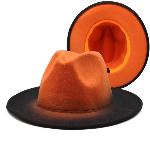 New Wide Brim Woolen Thick Gradient Two color Top Hat Orange And Black - Shop at LoveMi