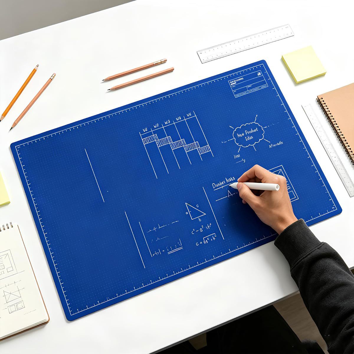 Hand sketching a chart on the blueprint desk mat with pencils and a ruler around it