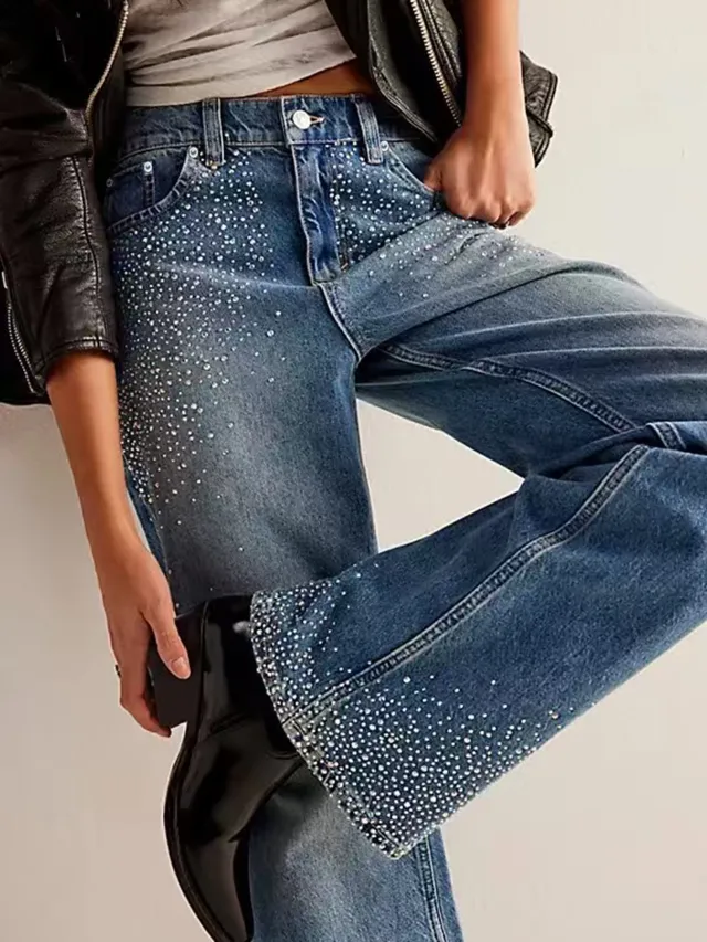 Fashion Stretch Rhinestone Straight leg Jeans Peacock Blue - Shop at LoveMi