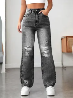 Ripped Straight Denim Women's Loose Trousers - Black - View 1