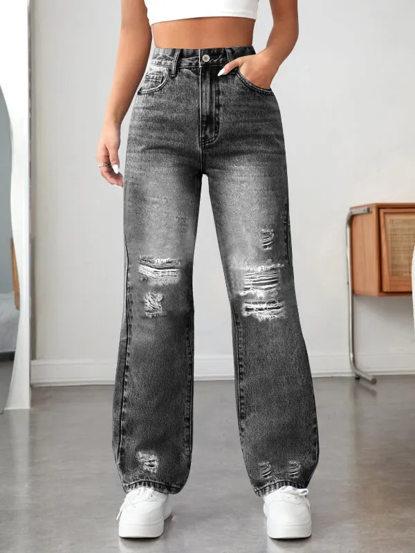 Ripped Straight Denim Women's Loose Trousers Black - Shop at LoveMi
