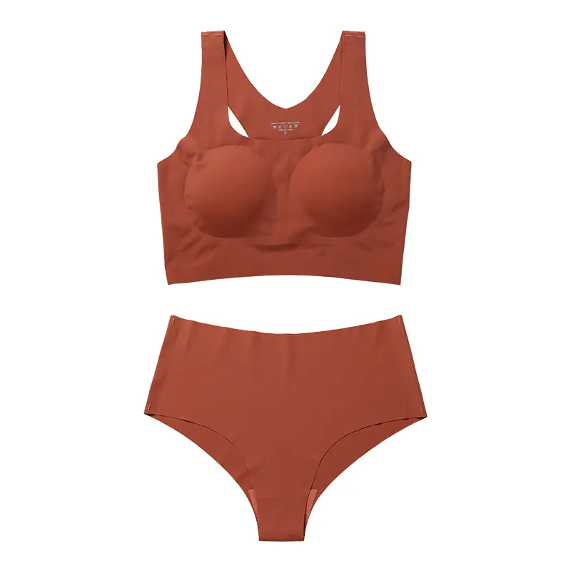 Women's Underwear Suit Plus Size Sports Without Steel Ring Push Up Removable Pad - Skin Coffee